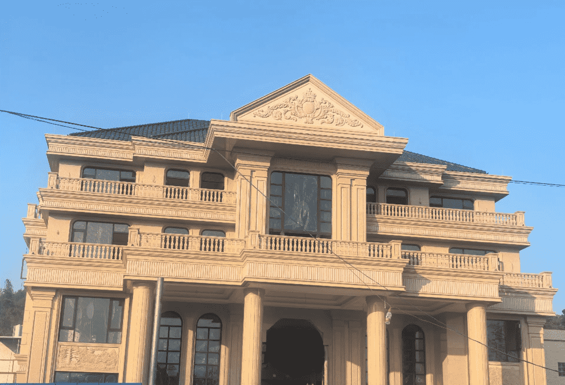 湖北黄金麻别墅外墙干挂石材效果示例